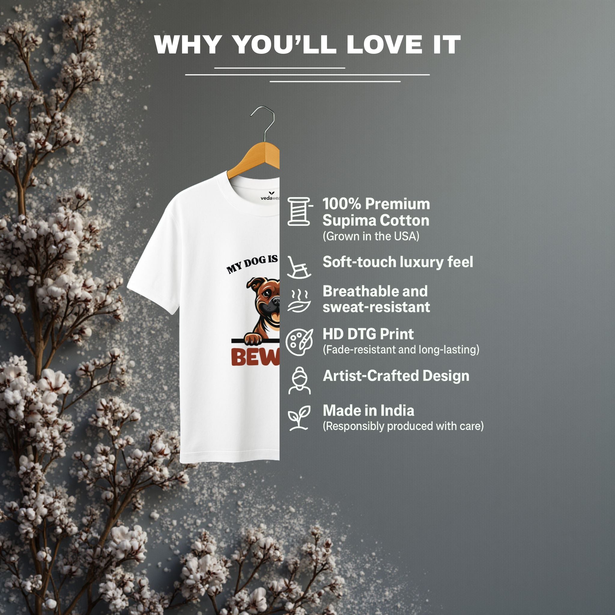 Beware – Premium Tee for Dog Lover – Artistic Premium Cotton Tee by Vedawear  