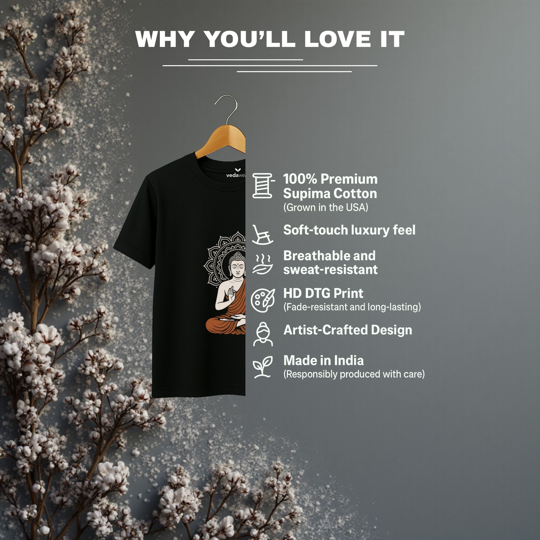 “Divine Calm Buddha” Tee – Artistic Premium Cotton Tee by Vedawear India 