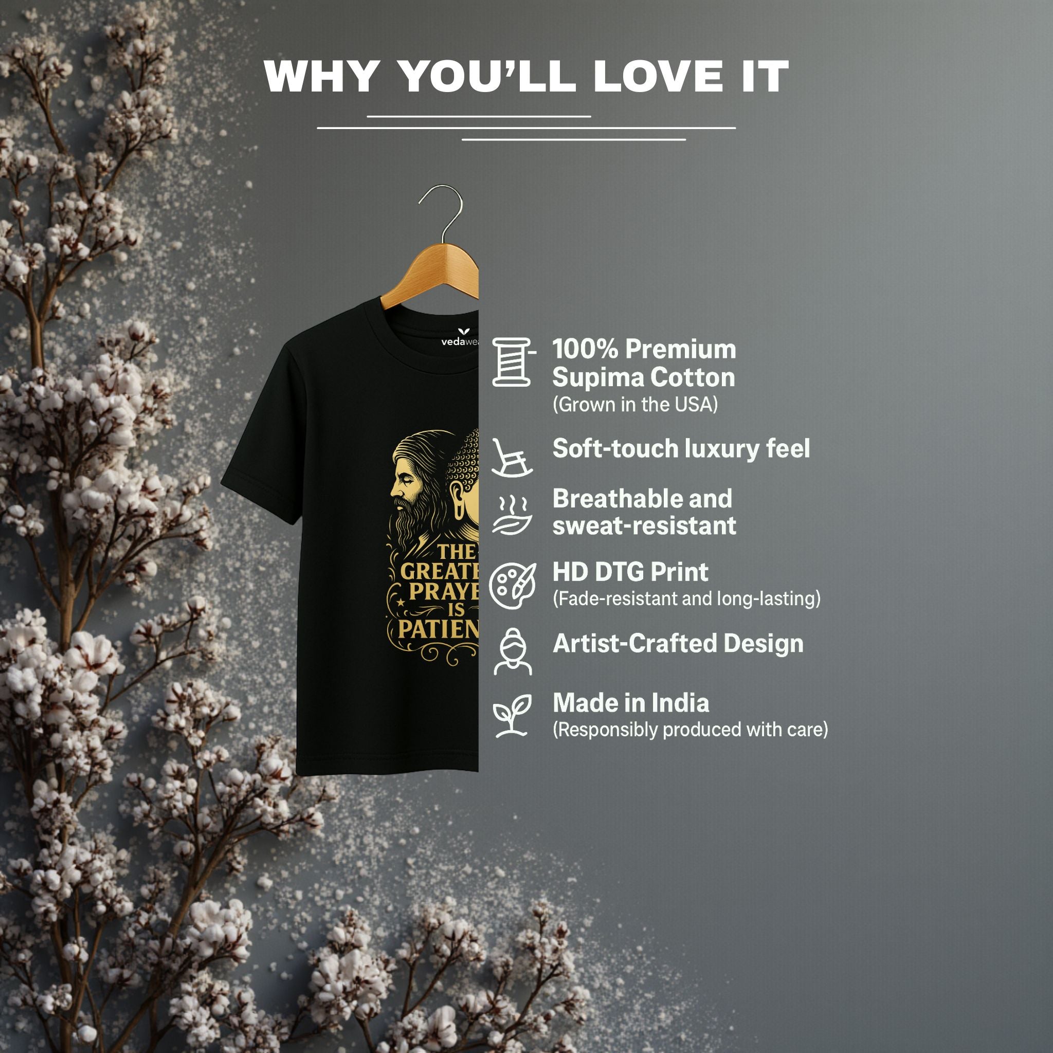 The Greatest Prayer – Kabir & Buddha Premium Tee – Artistic Premium Cotton Tee by Vedawear  