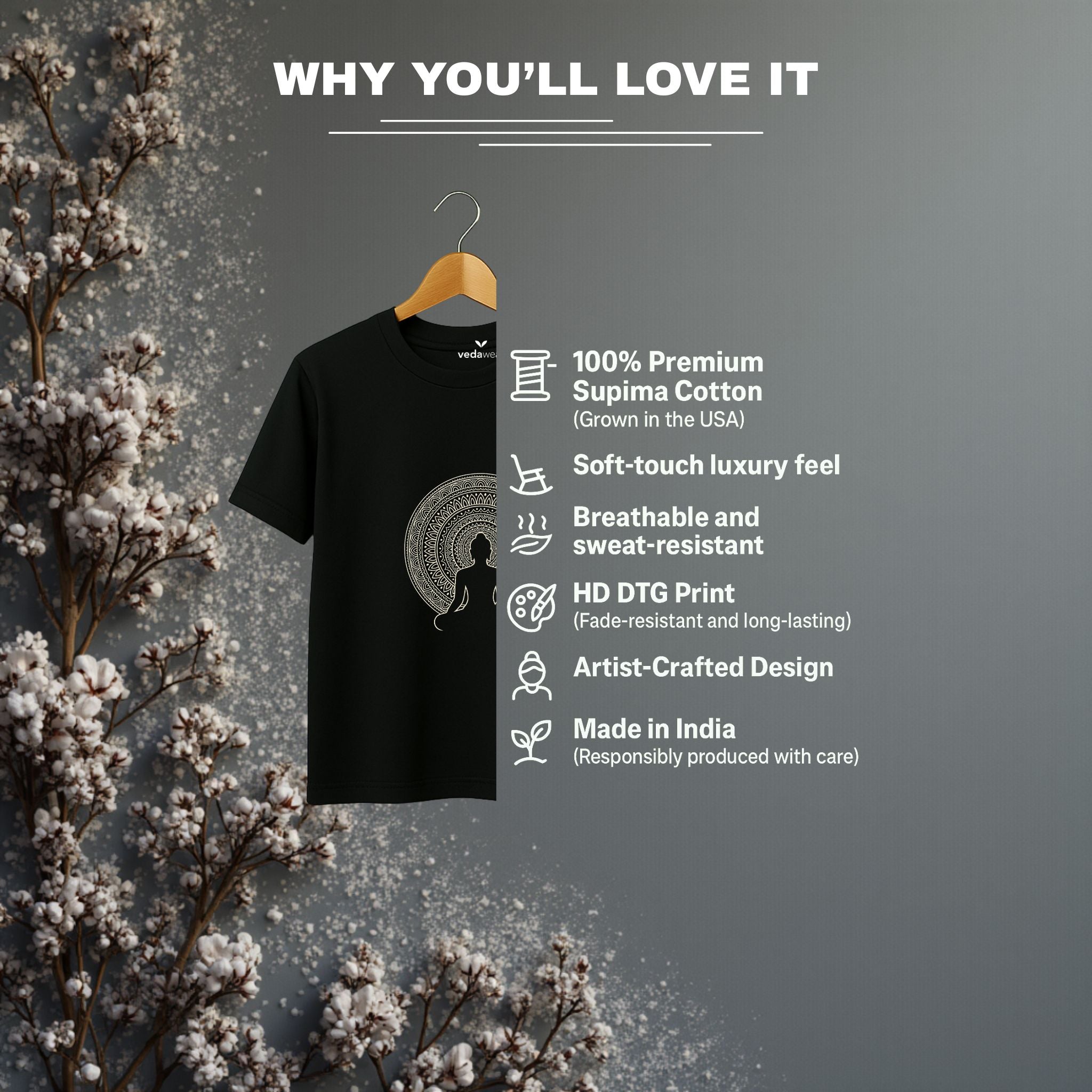 ‘Meditative Aura Energy’ Buddha Tee – Artistic Premium Cotton Tee by Vedawear India 