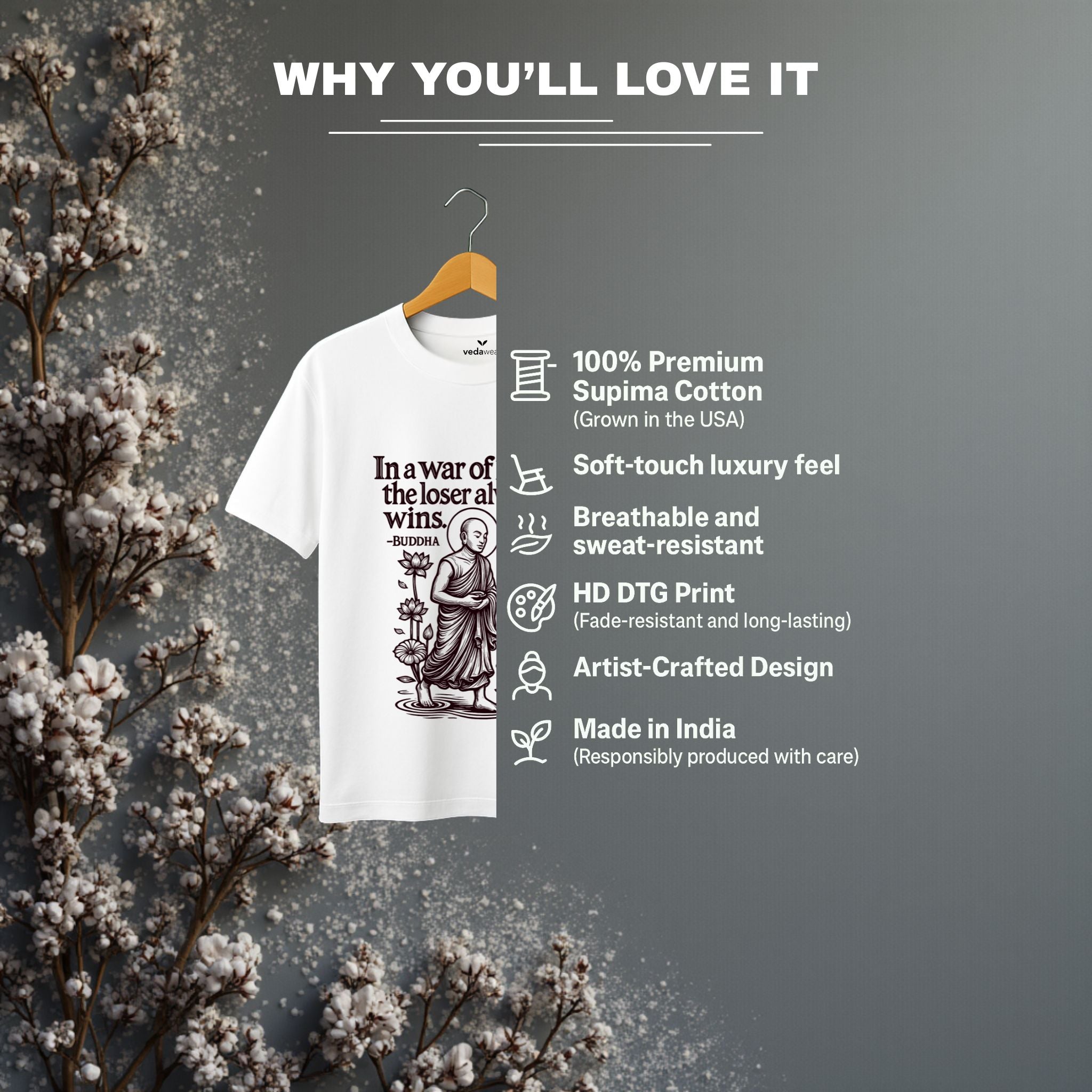 "In a War of Ego" – Buddha Quote Premium T-Shirt – Artistic Premium Cotton Tee by Vedawear  