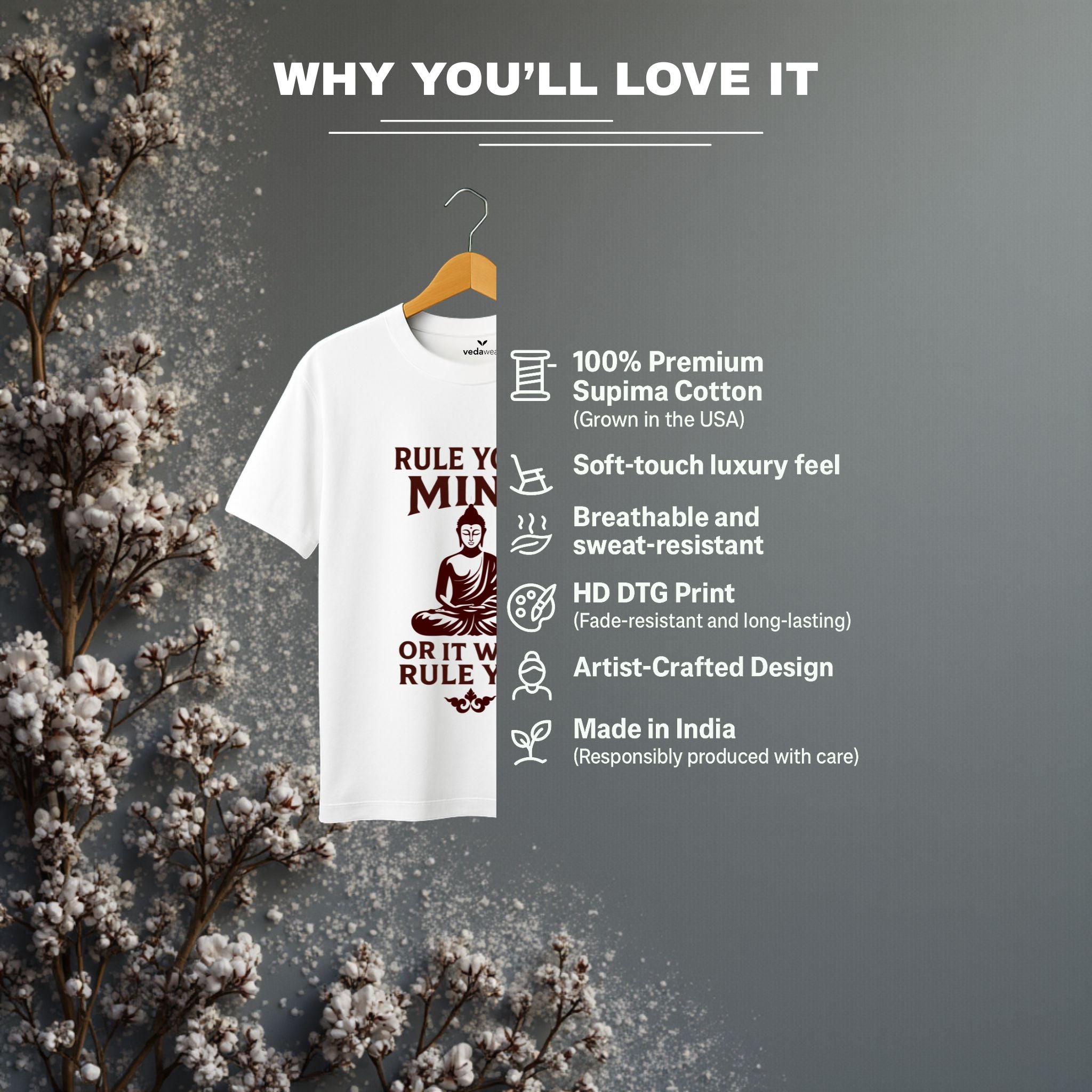 Mind – Buddha Wisdom Premium T-Shirt – Artistic Premium Cotton Tee by Vedawear  