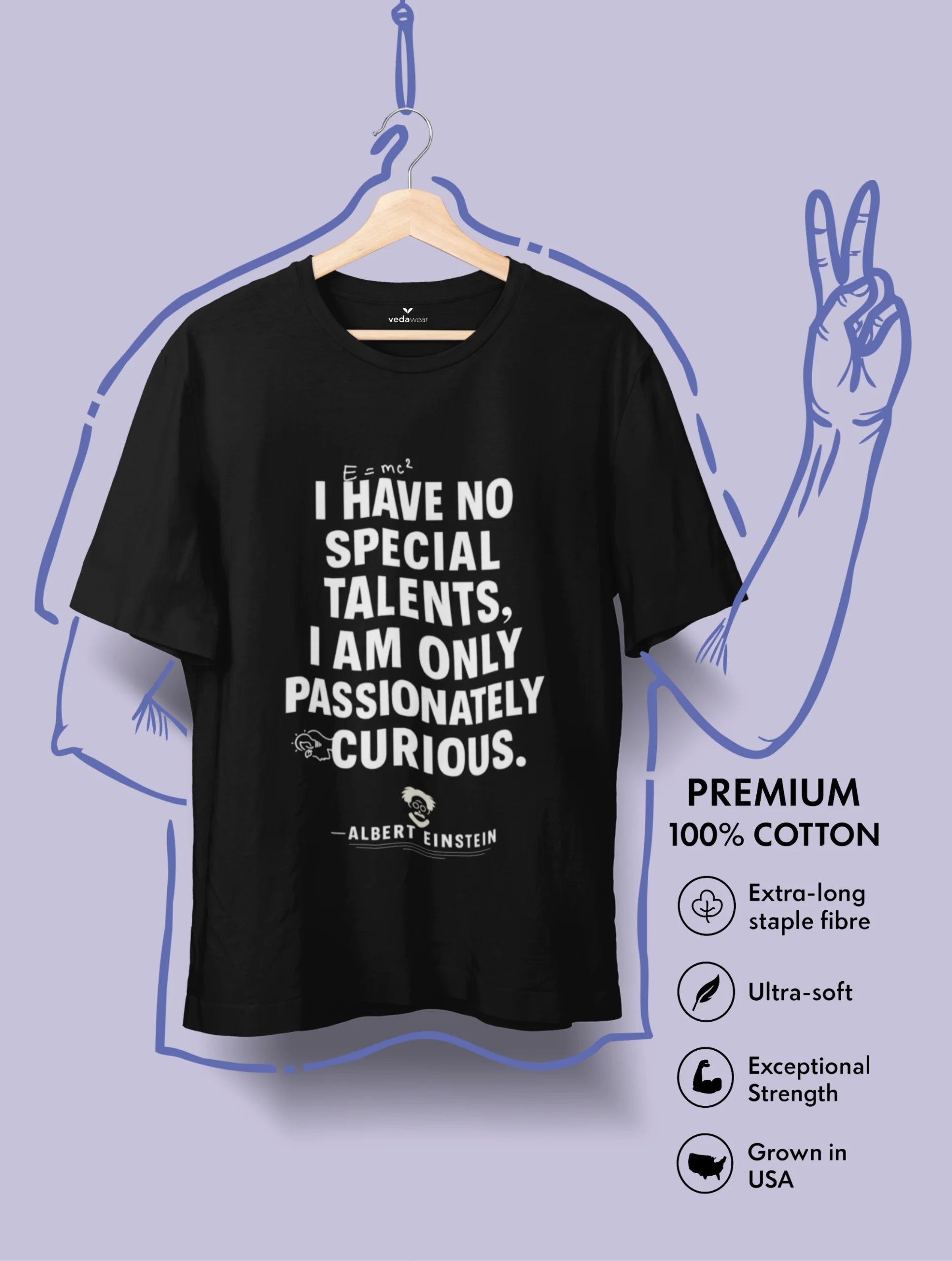 Passionately Curious – Einstein Premium Tee – Artistic Premium Cotton Tee by Vedawear 