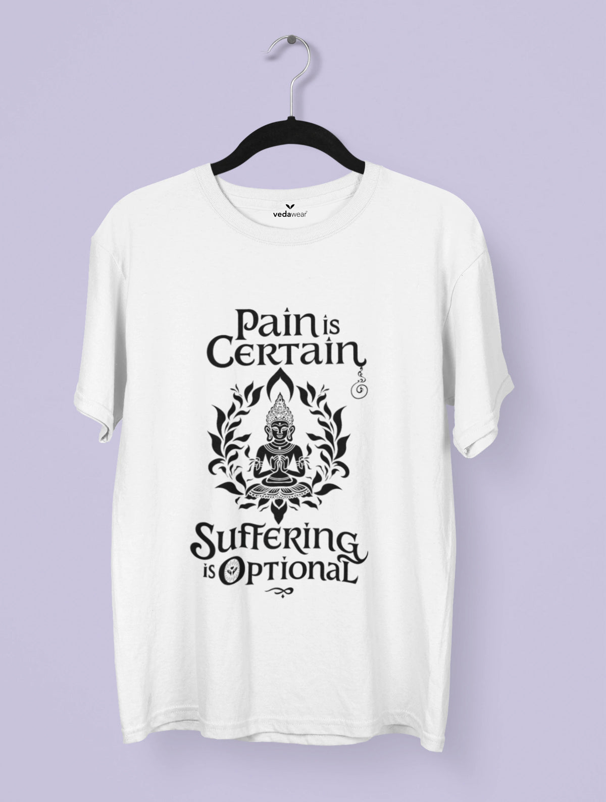 White t-shirt with black text and Buddha graphic on a hanger against a light purple background