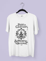White t-shirt with black text and Buddha graphic on a hanger against a light purple background