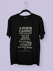Black t-shirt with white text on a light gray background