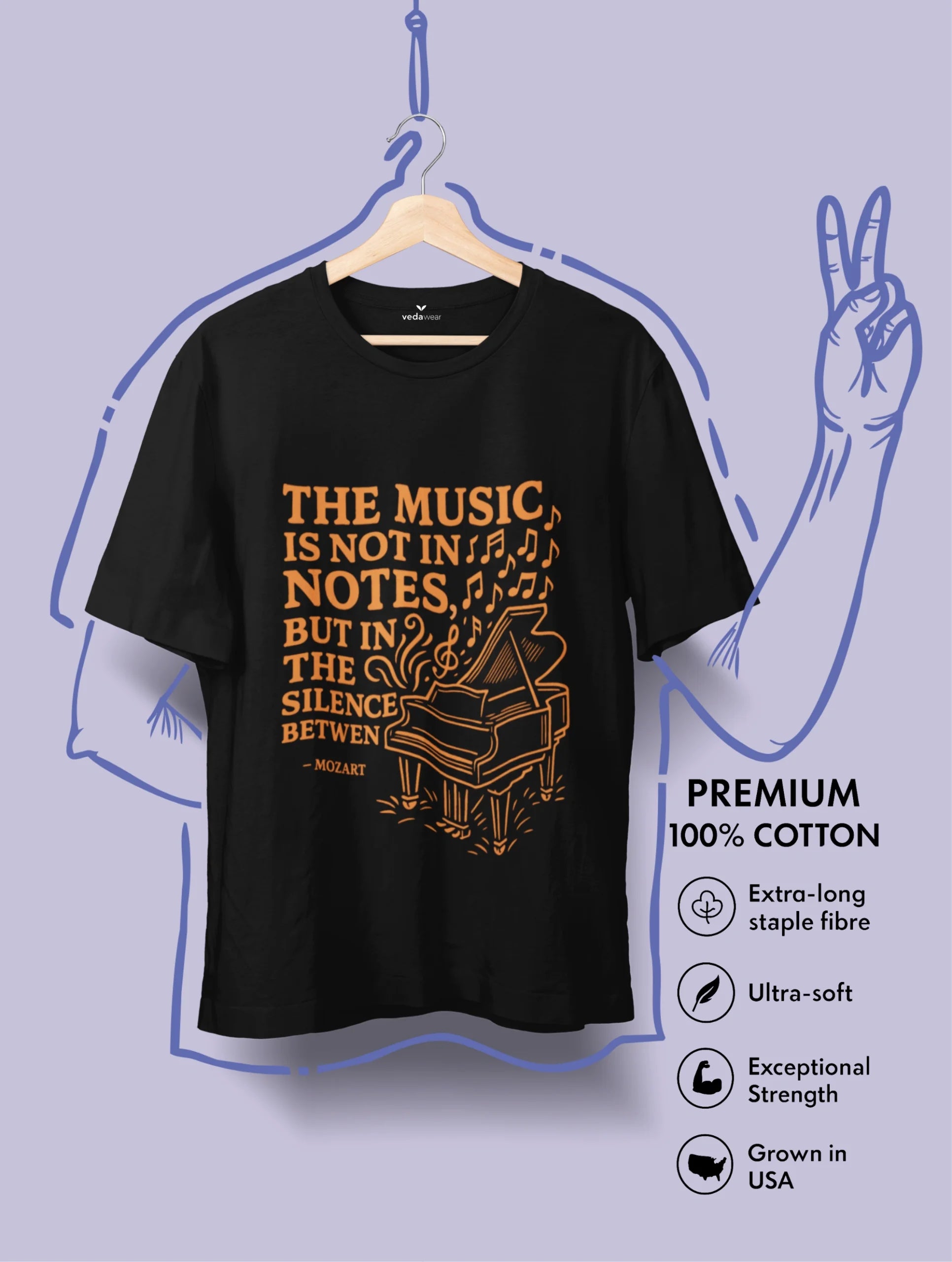 Silence – Mozart Premium Music Tee – Artistic Premium Cotton Tee by Vedawear 