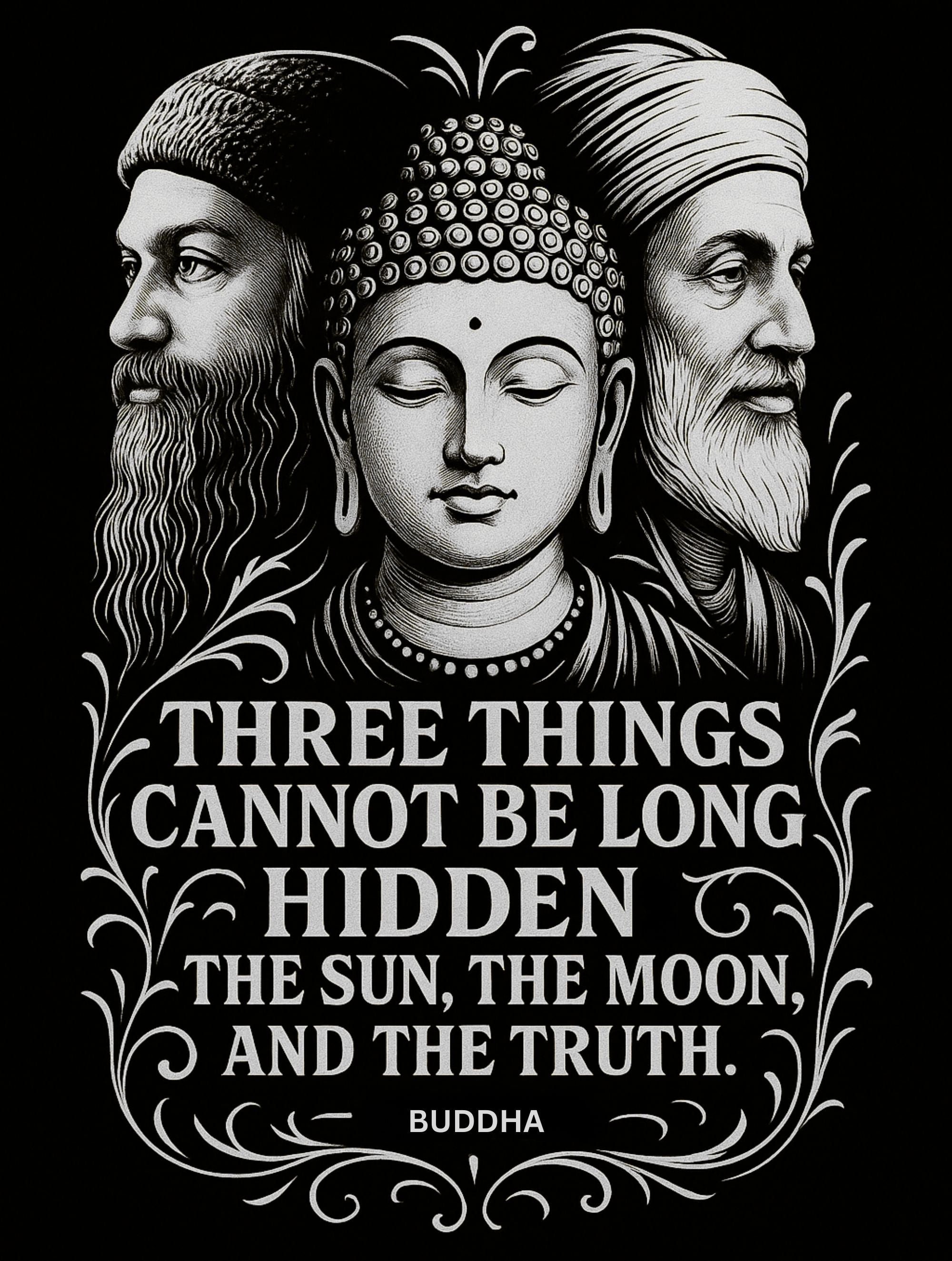 Truths – Osho, Buddha & Kabir Tee (Black Edition) – Artistic Premium Cotton Tee by Vedawear India