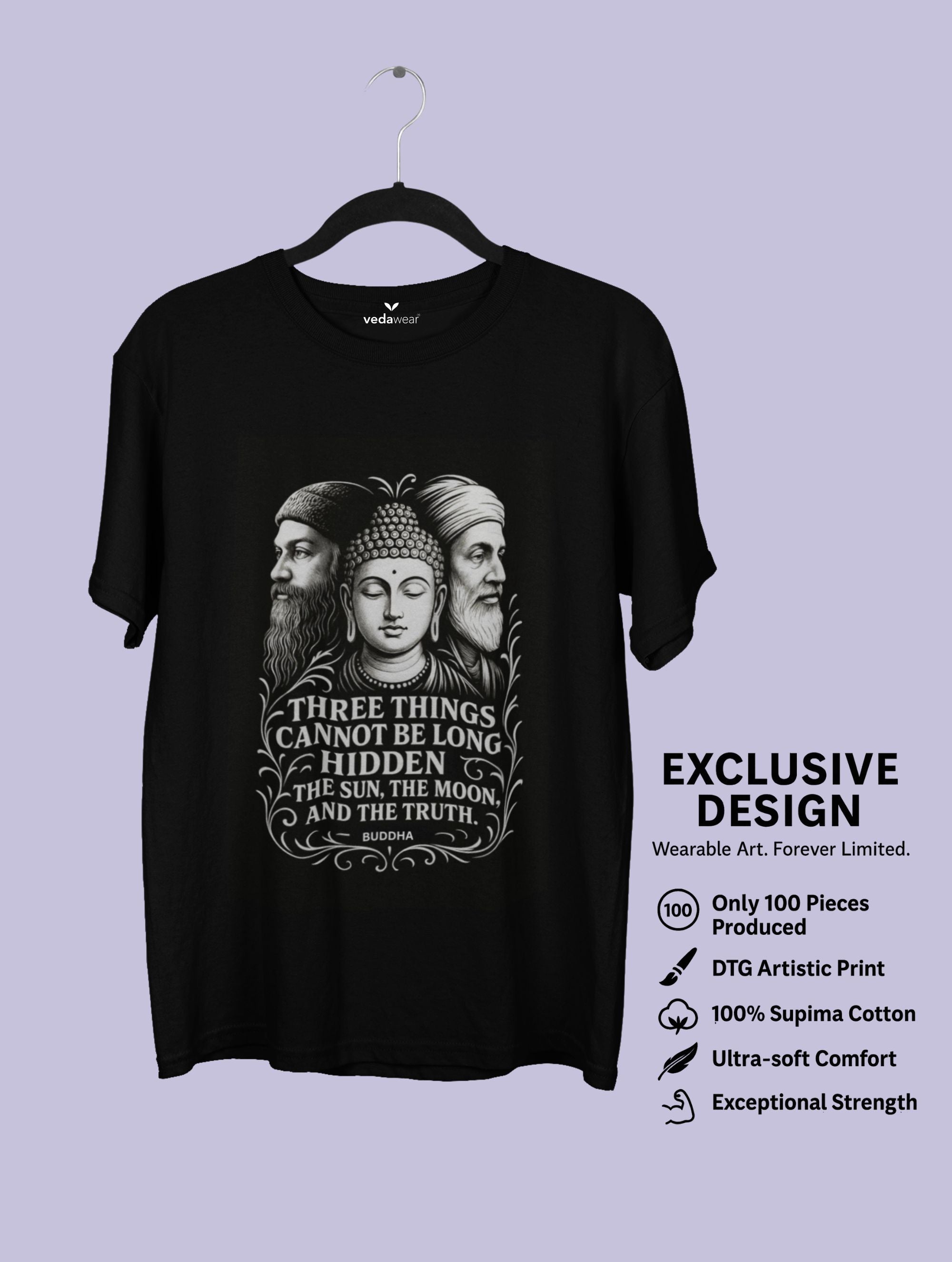 Truths – Osho, Buddha & Kabir Tee (Black Edition) – Artistic Premium Cotton Tee by Vedawear India
