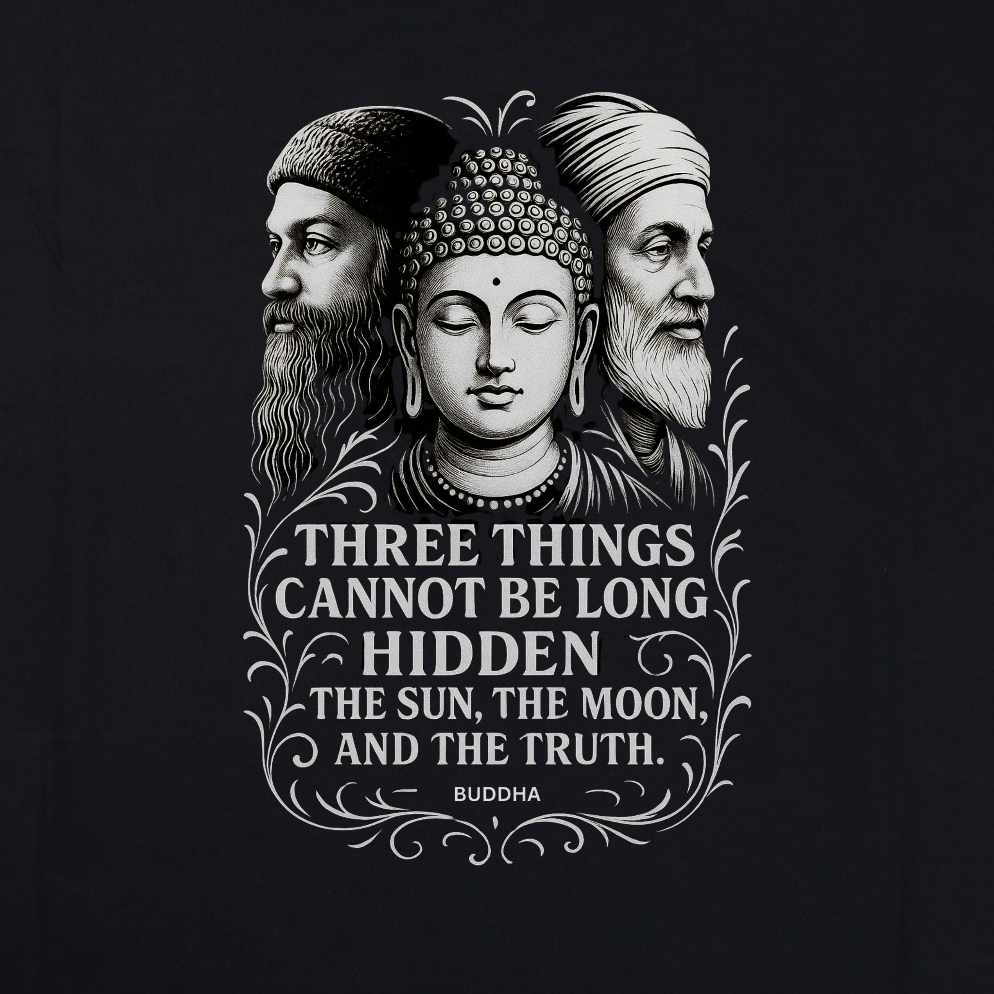 Truths – Osho, Buddha & Kabir Tee (Black Edition) – Artistic Premium Cotton Tee by Vedawear  