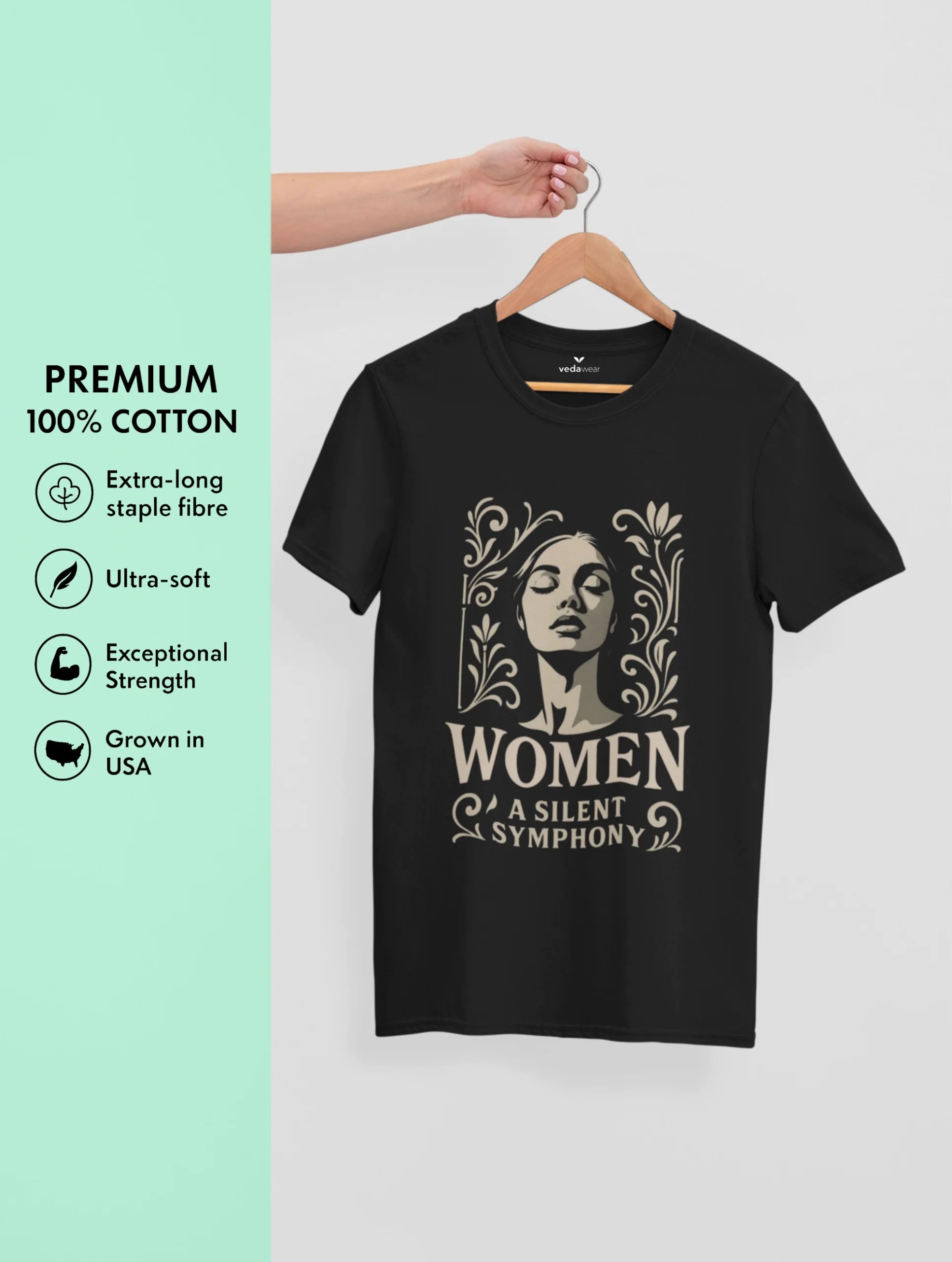 Women: A Silent Symphony – Premium Tee – Artistic Premium Cotton Tee by Vedawear 