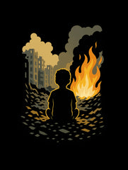 Silhouette of a person by a fire with a destroyed building in the background