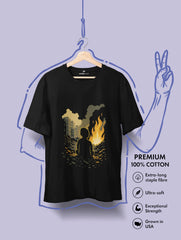 Black t-shirt with a graphic design of a anti war, hanging on a hanger against a light purple background.