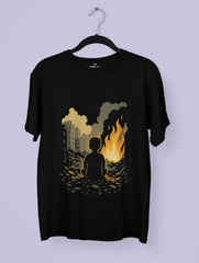 Black t-shirt with a graphic of a child & anti war footage on a hanger against a light purple background