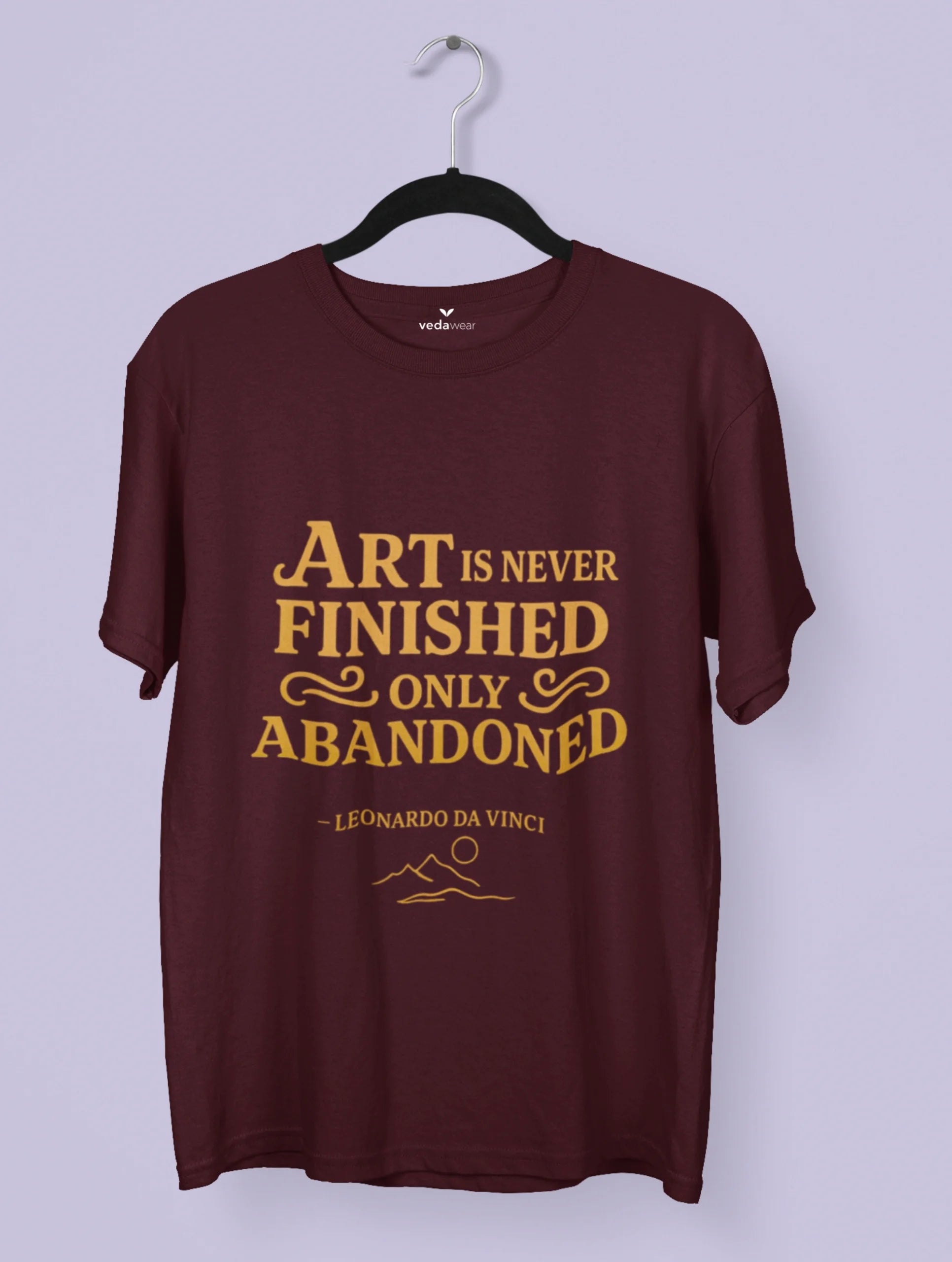 Art Is Never Finished Only Abandoned – Leonardo da Vinci Quote Premium Tee by Vedawear, crafted in Supima cotton with golden DTG print