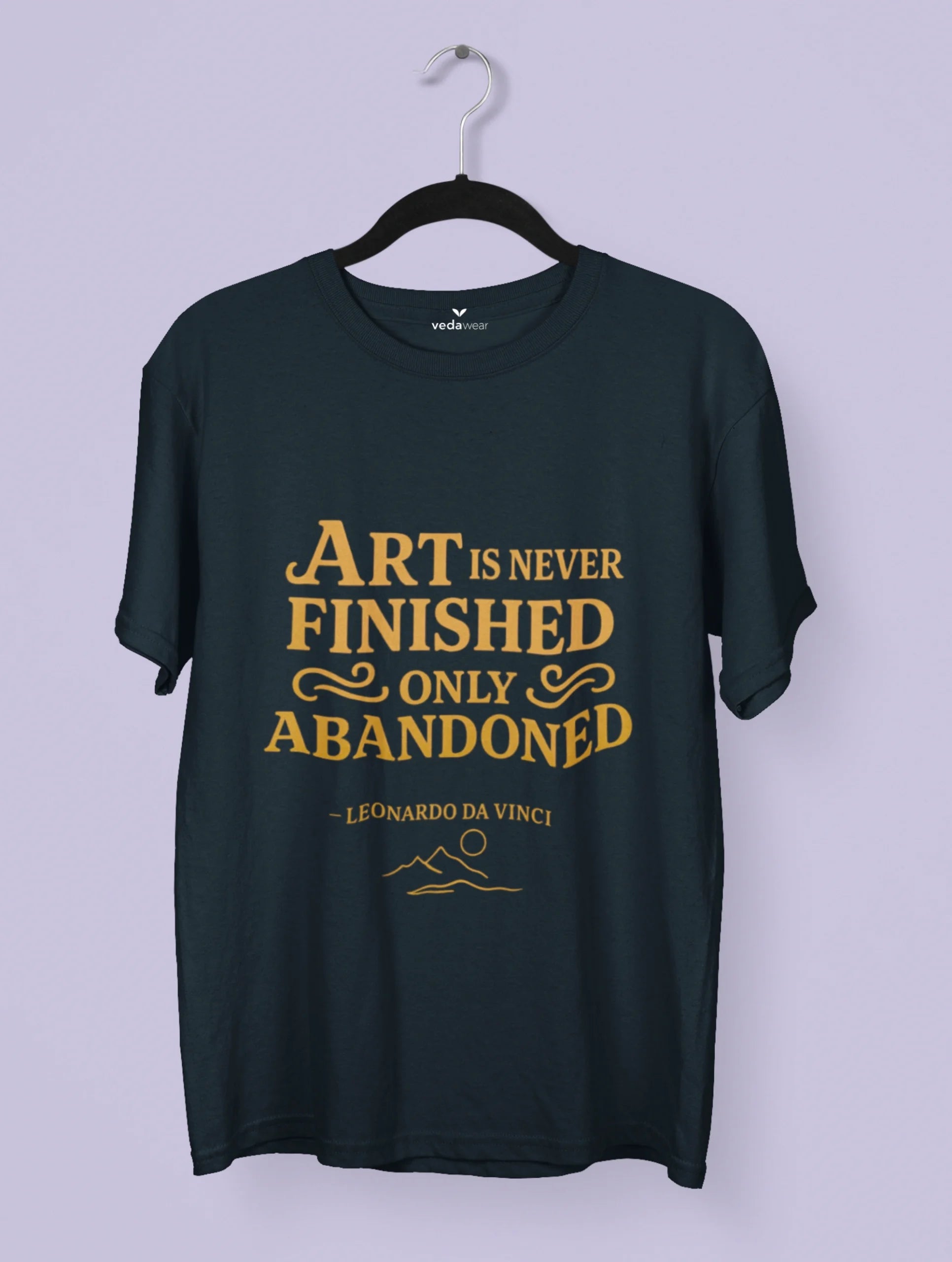 Art Is Never Finished Only Abandoned – Leonardo da Vinci Quote Premium Tee by Vedawear, crafted in Supima cotton with golden DTG print