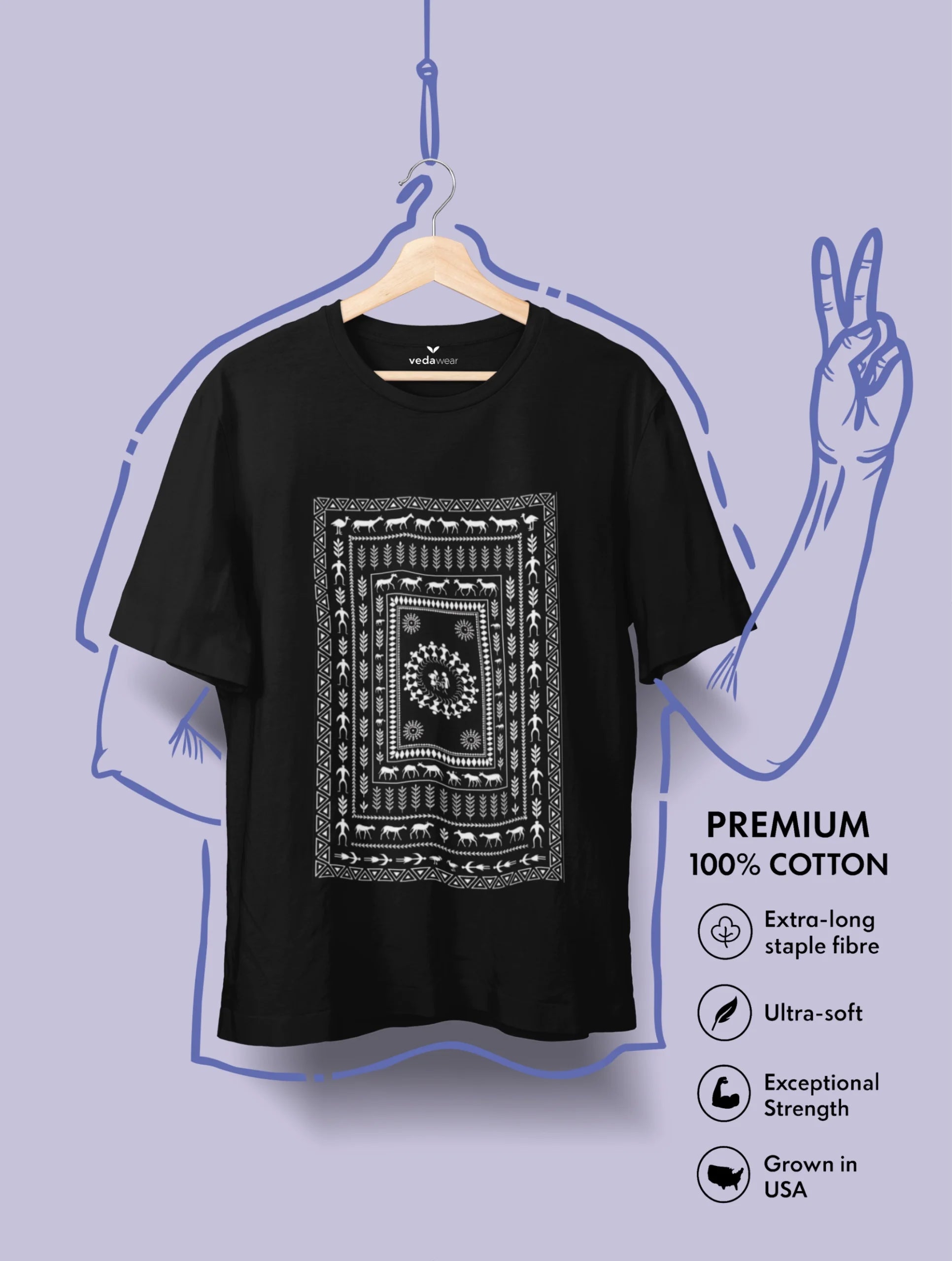 Vedawear Circle of Life Warli folk art inspired premium black cotton tee featuring tribal dance and nature motifs.