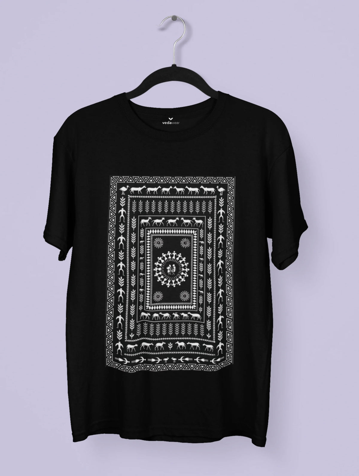 Vedawear Circle of Life Warli folk art inspired premium black cotton tee featuring tribal dance and nature motifs.