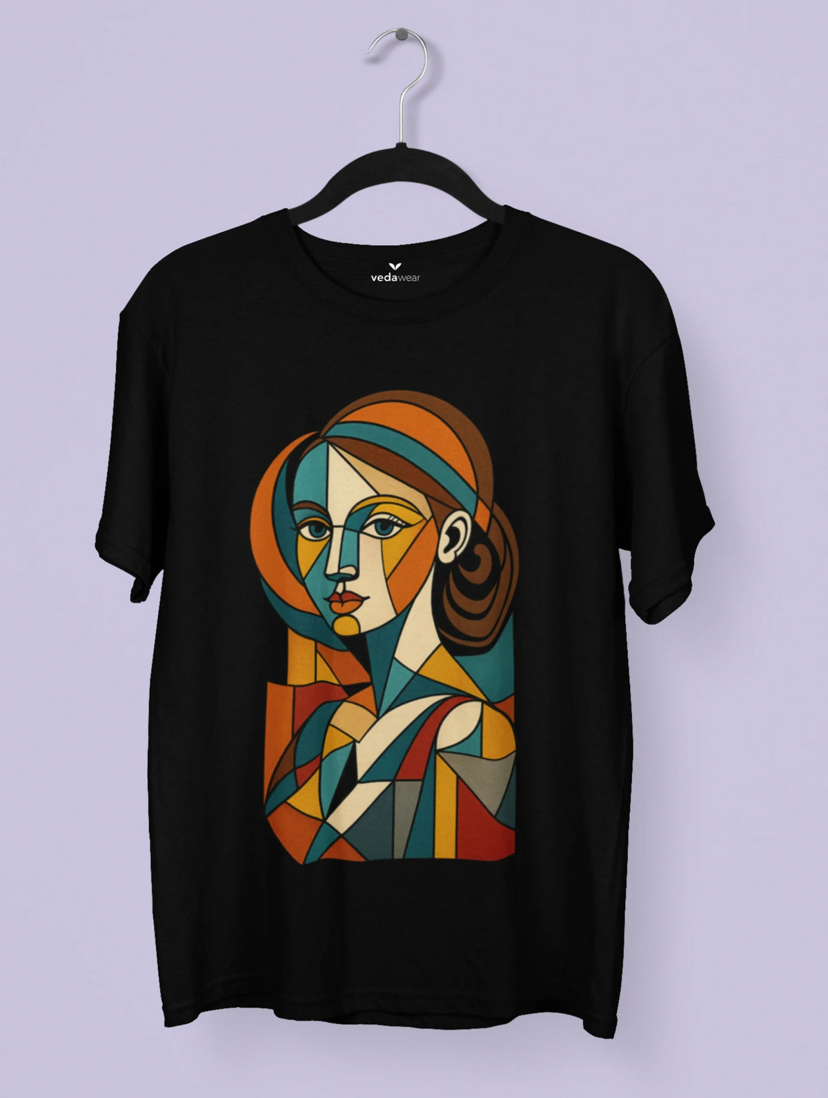 Cubist Muse – Picasso Inspired Premium Tee by Vedawear, featuring a bold geometric cubist portrait printed on a luxury black cotton T-shirt.
