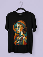 Cubist Muse – Picasso Inspired Premium Tee by Vedawear, featuring a bold geometric cubist portrait printed on a luxury black cotton T-shirt.