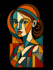 Cubist Muse – Picasso Inspired Premium Tee by Vedawear, featuring a bold geometric cubist portrait printed on a luxury black cotton T-shirt.