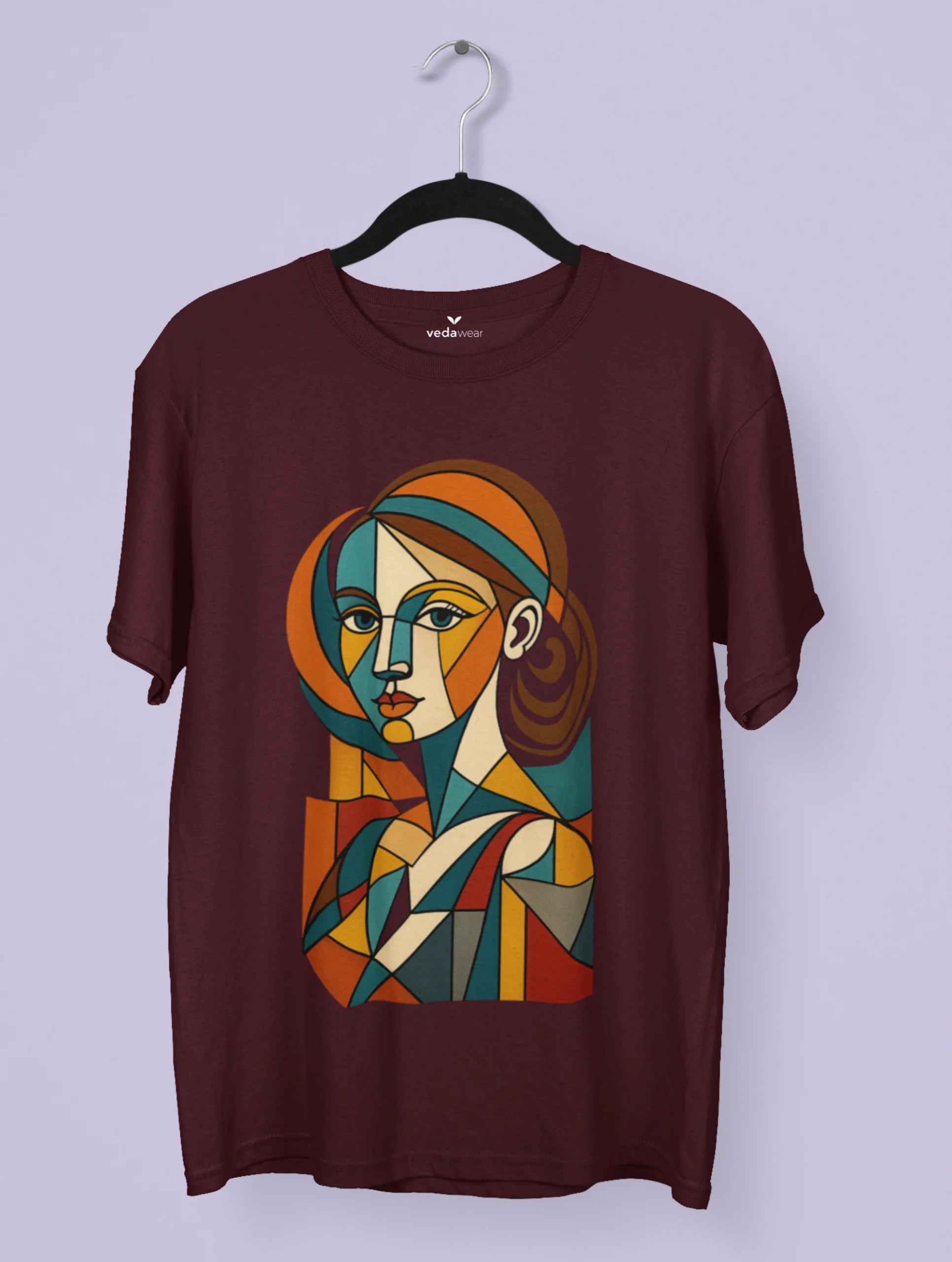 Cubist Muse – Picasso Inspired Premium Tee by Vedawear, featuring a bold geometric cubist portrait printed on a luxury black cotton T-shirt.