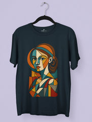 Cubist Muse – Picasso Inspired Premium Tee by Vedawear, featuring a bold geometric cubist portrait printed on a luxury black cotton T-shirt.