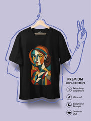 Cubist Muse – Picasso Inspired Premium Tee by Vedawear, featuring a bold geometric cubist portrait printed on a luxury black cotton T-shirt.