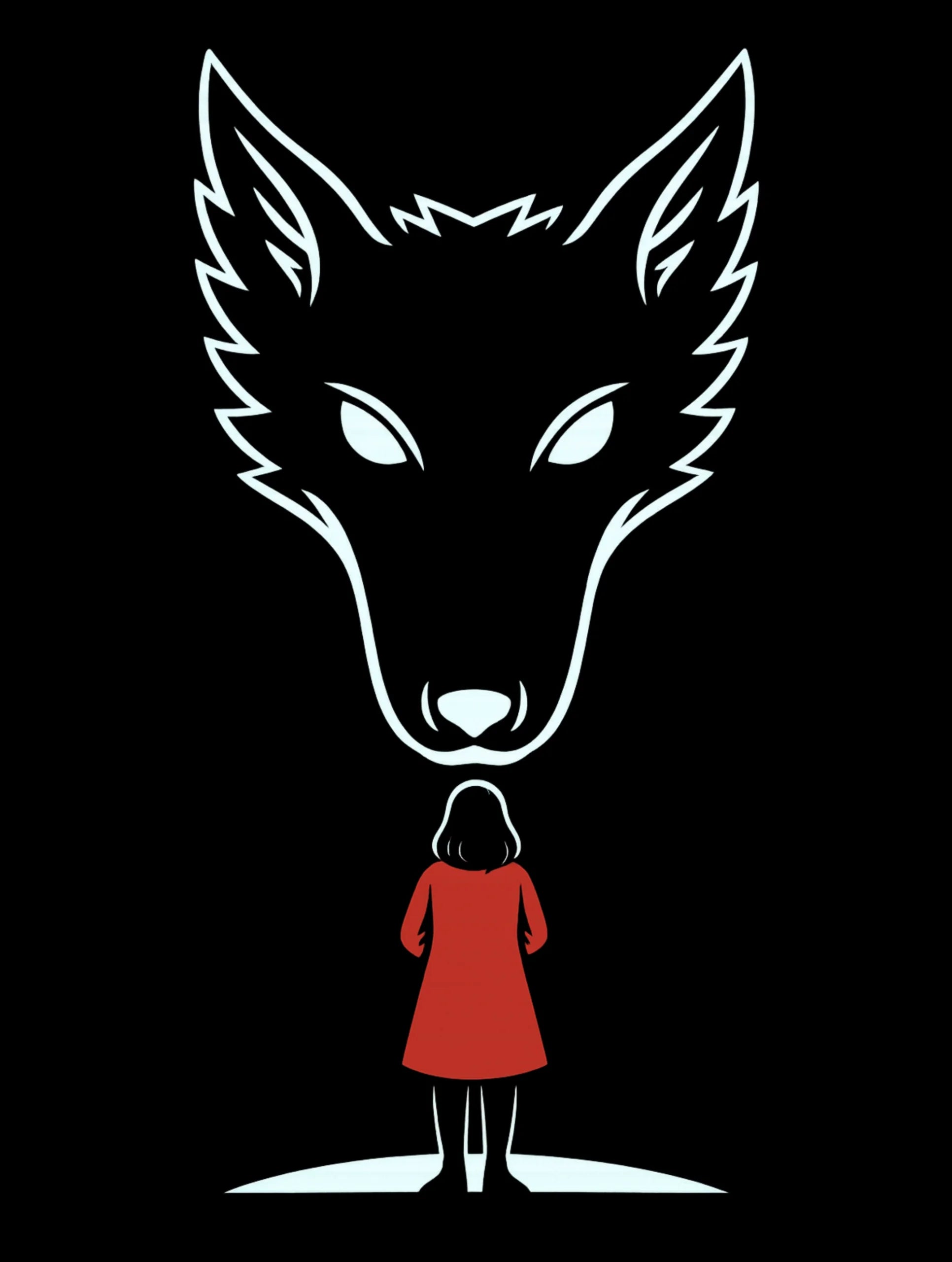 Fearless – The Wolf & The Red Cloak Tee by Vedawear, black Supima cotton with minimalist white wolf silhouette and red-cloaked girl, DTG printed