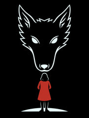 Fearless – The Wolf & The Red Cloak Tee by Vedawear, black Supima cotton with minimalist white wolf silhouette and red-cloaked girl, DTG printed