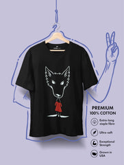 Fearless – The Wolf & The Red Cloak Tee by Vedawear, black Supima cotton with minimalist white wolf silhouette and red-cloaked girl, DTG printed