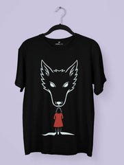 Fearless – The Wolf & The Red Cloak Tee by Vedawear, black Supima cotton with minimalist white wolf silhouette and red-cloaked girl, DTG printed