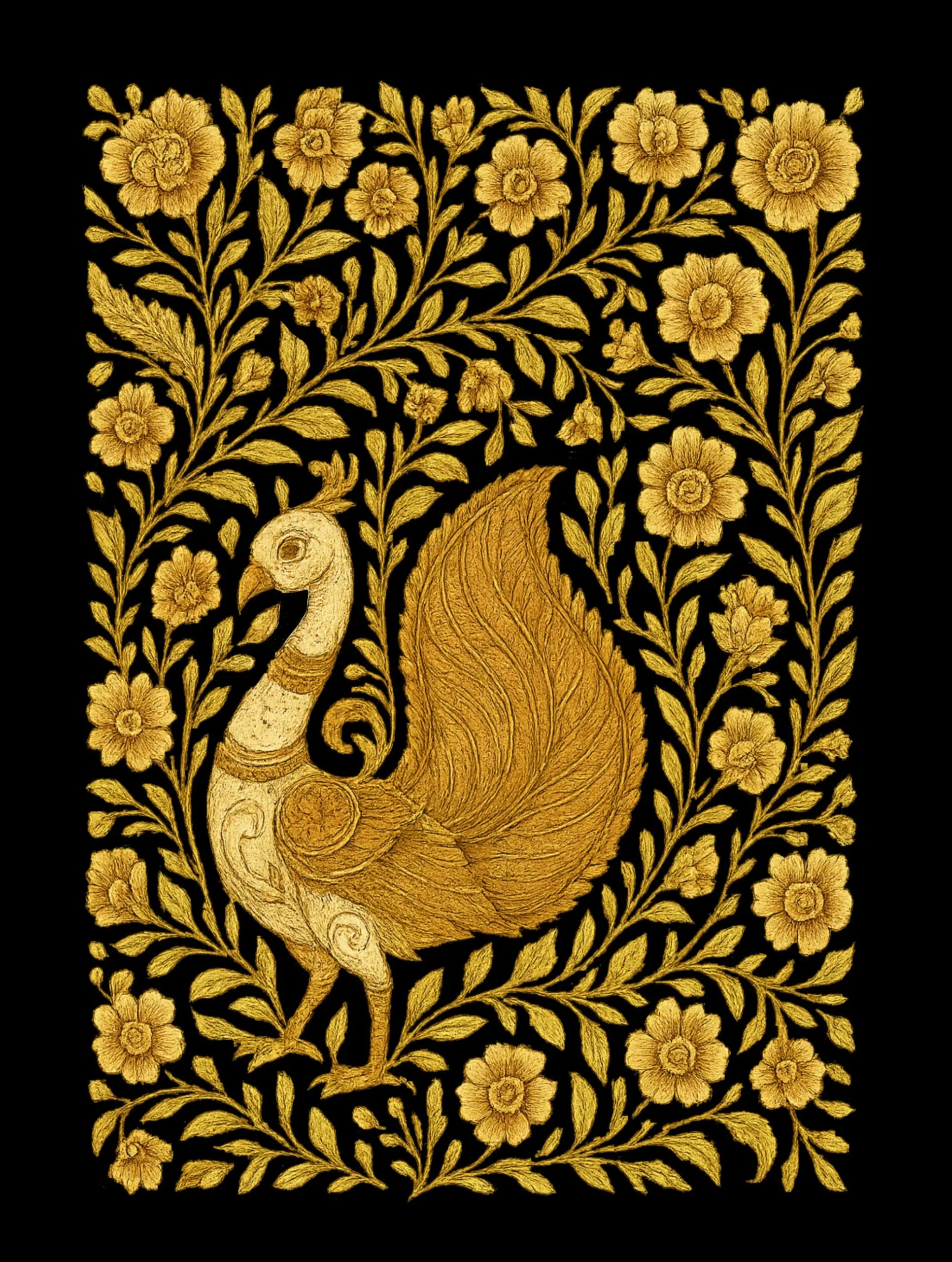 Kalamkari style golden peacock illustration surrounded by floral motifs on a black Vedawear premium T-shirt