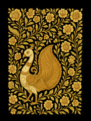 Kalamkari style golden peacock illustration surrounded by floral motifs on a black Vedawear premium T-shirt