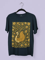 Golden Kalamkari peacock artwork on a black Vedawear premium tee, featuring intricate floral patterns and traditional Indian folk art detailing.