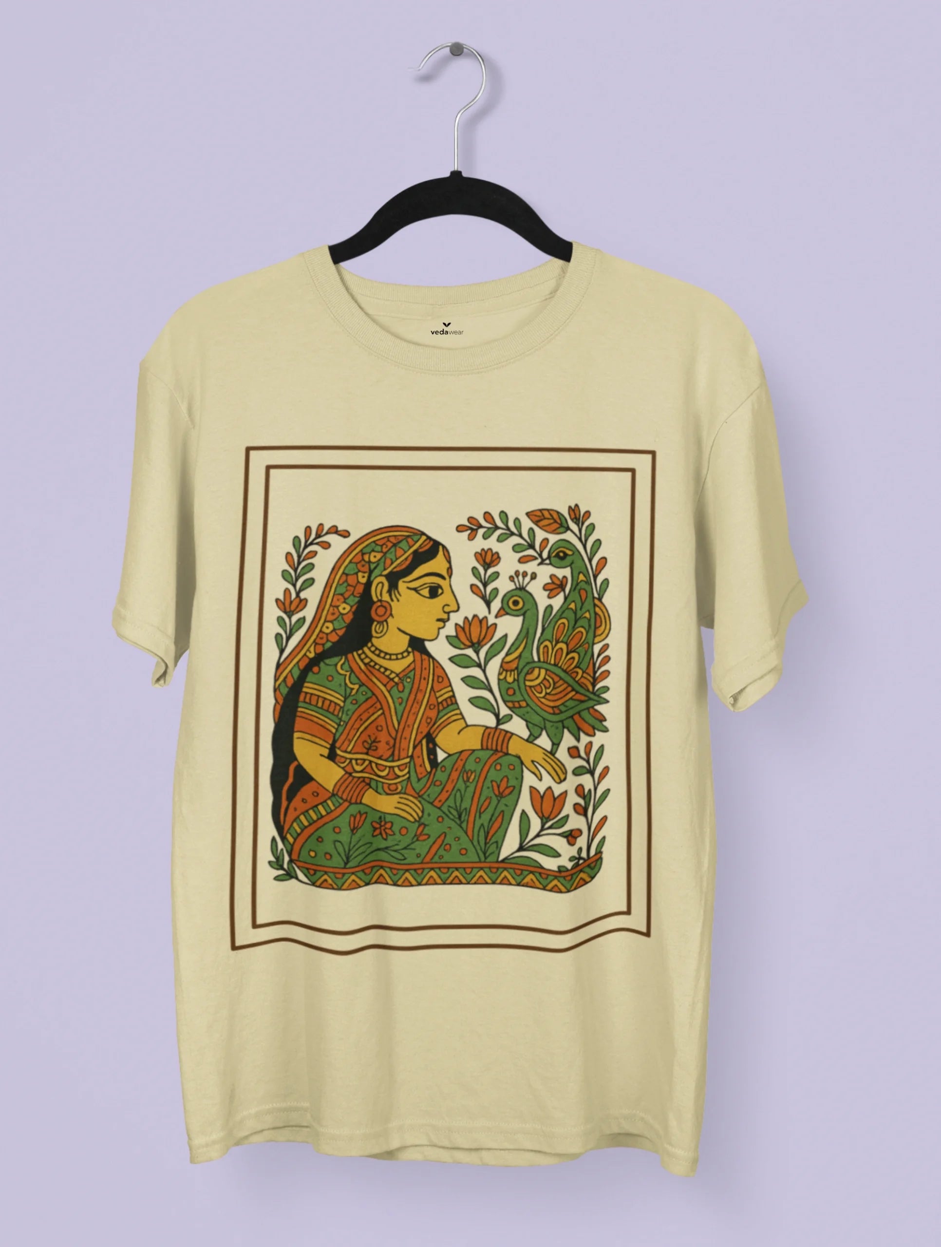 Graceful Harmony Madhubani Art Premium Tee by Vedawear featuring a traditional Mithila folk painting of an Indian woman with peacocks and lotus motifs on premium cotton.
