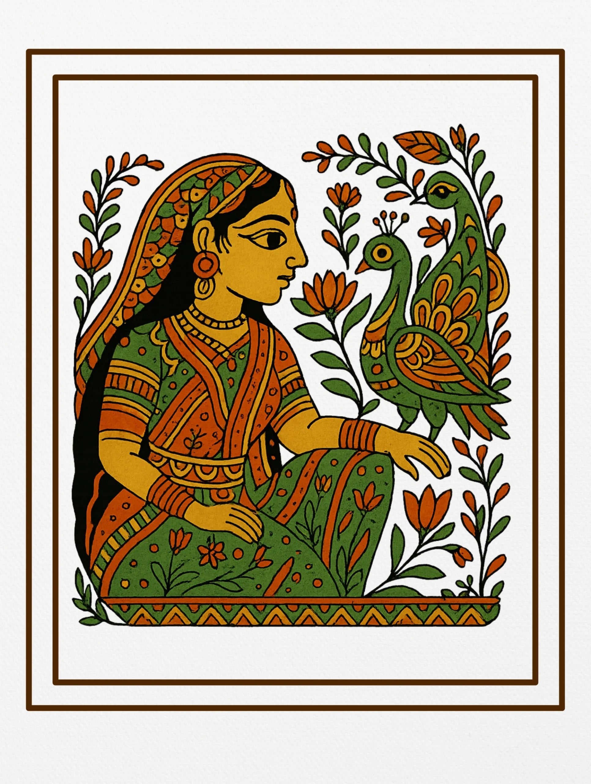 Graceful Harmony Madhubani Art Premium Tee by Vedawear featuring a traditional Mithila folk painting of an Indian woman with peacocks and lotus motifs on premium cotton.