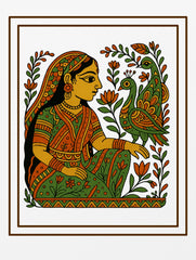 Graceful Harmony Madhubani Art Premium Tee by Vedawear featuring a traditional Mithila folk painting of an Indian woman with peacocks and lotus motifs on premium cotton.