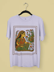 Graceful Harmony Madhubani Art Premium Tee by Vedawear featuring a traditional Mithila folk painting of an Indian woman with peacocks and lotus motifs on premium cotton.