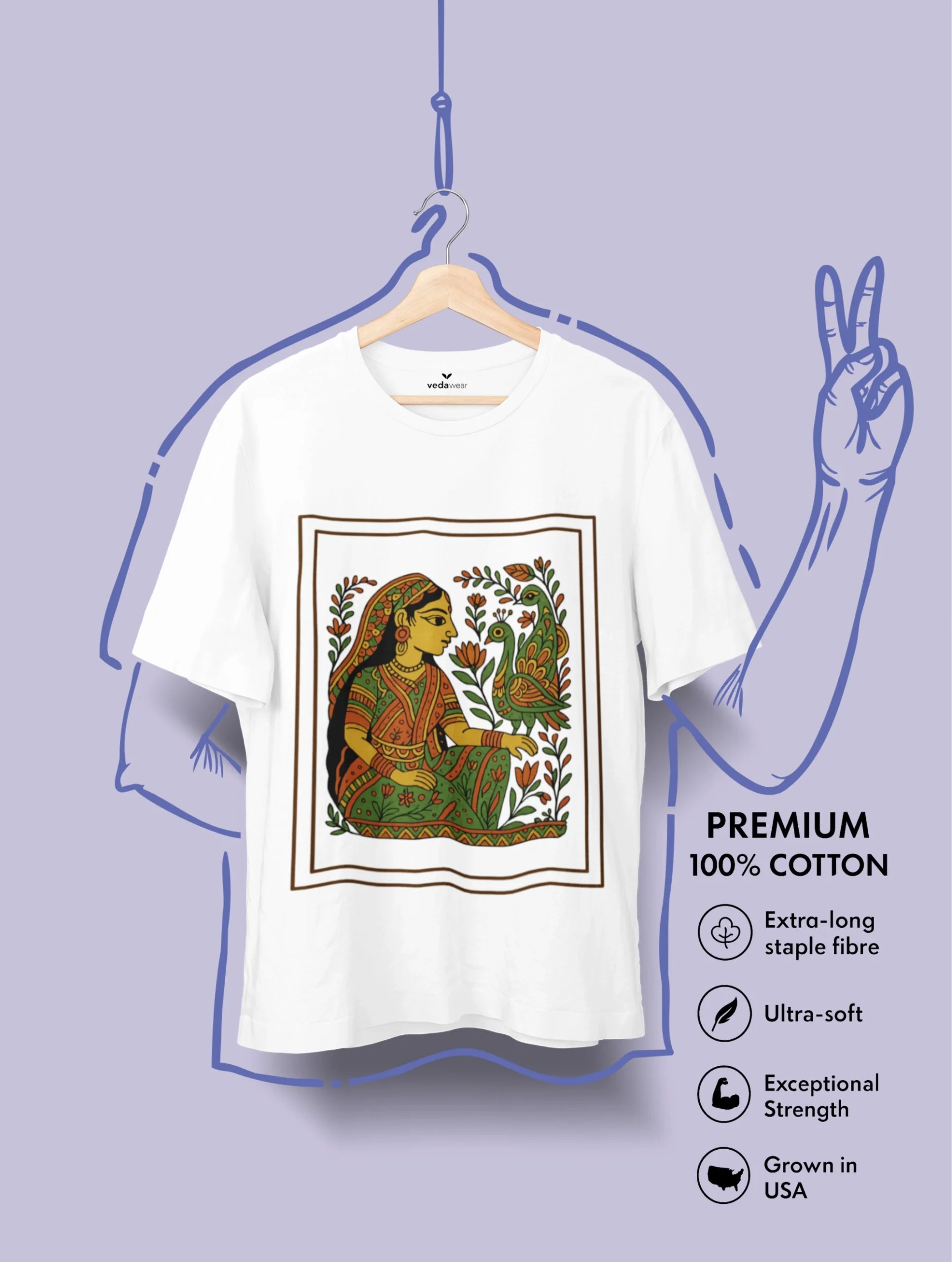 Graceful Harmony Madhubani Art Premium Tee by Vedawear featuring a traditional Mithila folk painting of an Indian woman with peacocks and lotus motifs on premium cotton.