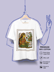 Graceful Harmony Madhubani Art Premium Tee by Vedawear featuring a traditional Mithila folk painting of an Indian woman with peacocks and lotus motifs on premium cotton.