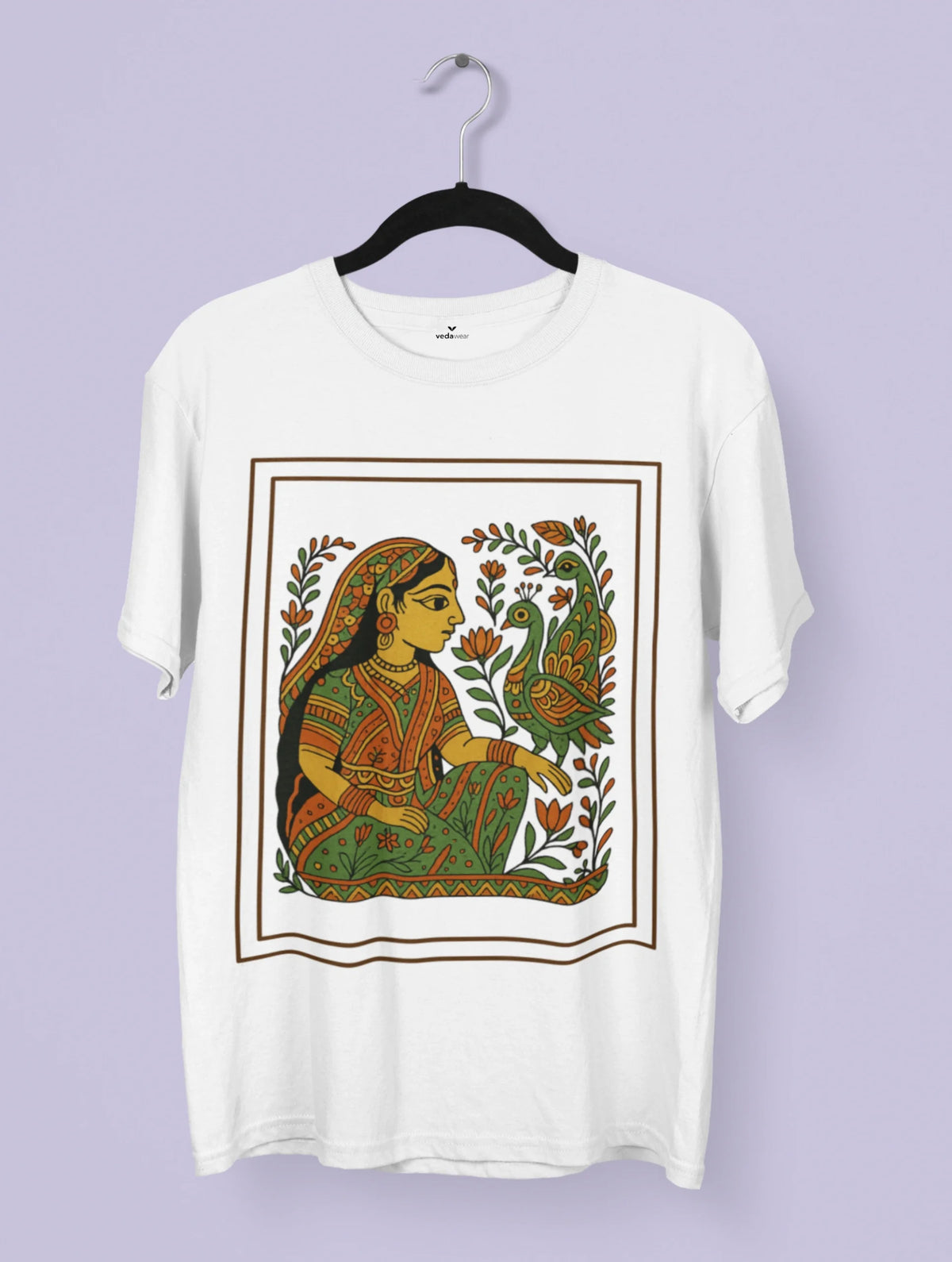 Graceful Harmony Madhubani Art Premium Tee by Vedawear featuring a traditional Mithila folk painting of an Indian woman with peacocks and lotus motifs on premium cotton.
