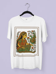 Graceful Harmony Madhubani Art Premium Tee by Vedawear featuring a traditional Mithila folk painting of an Indian woman with peacocks and lotus motifs on premium cotton.