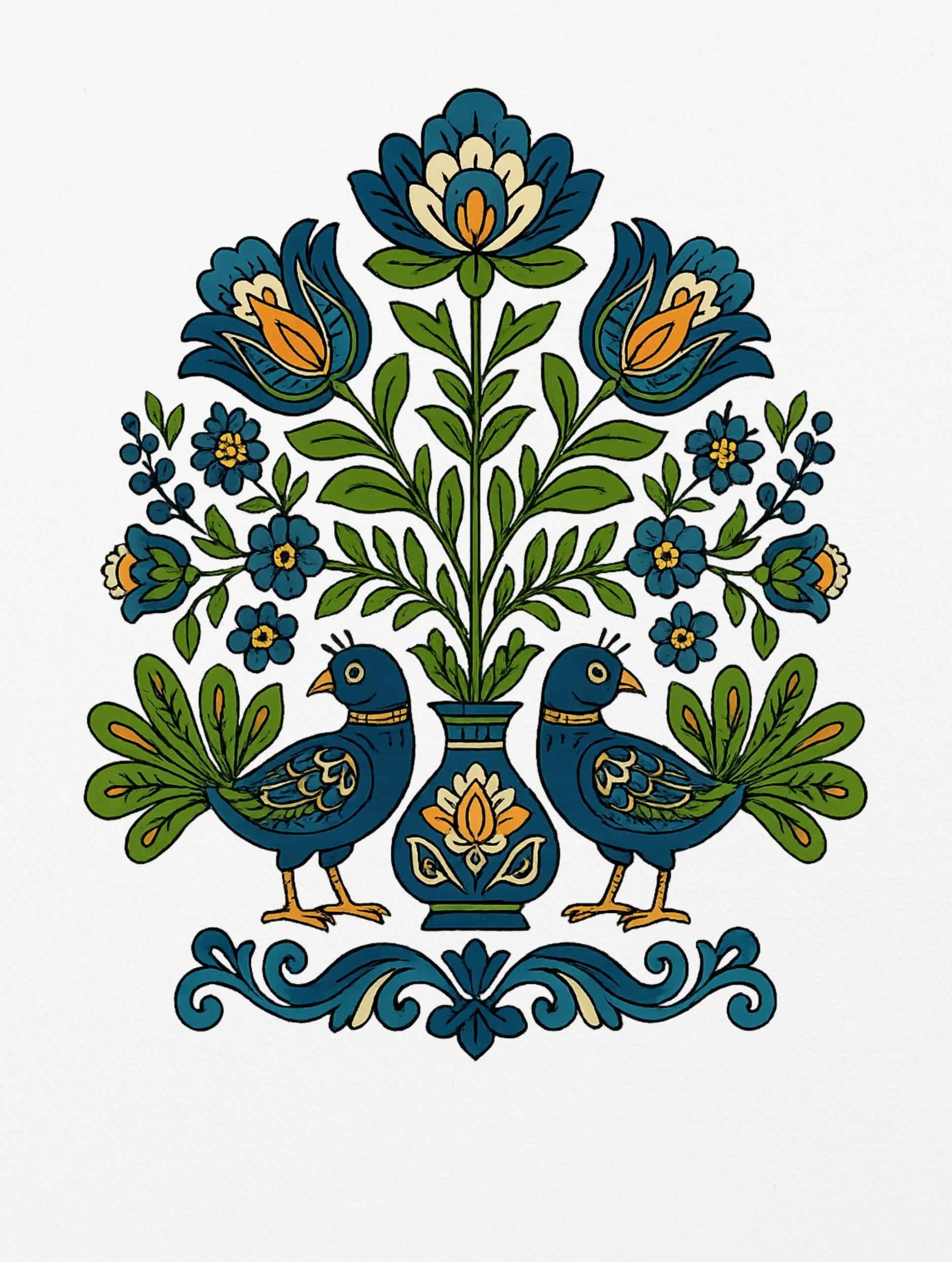 Hungarian folk art inspired premium cotton tee by Vedawear featuring bluebirds and floral motifs in indigo, green, and golden hues
