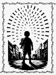 Innocence Under Fire – Anti-War Premium Tee by Vedawear, black silhouette of child under falling bombs framed in barbed wire, DTG printed on Supima cotton