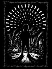 Innocence Under Fire – Dark Edition Tee by Vedawear, black Supima cotton with vivid white anti-war silhouette print of child in war-torn street, DTG printed