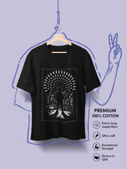 Innocence Under Fire – Dark Edition Tee by Vedawear, black Supima cotton with vivid white anti-war silhouette print of child in war-torn street, DTG printed