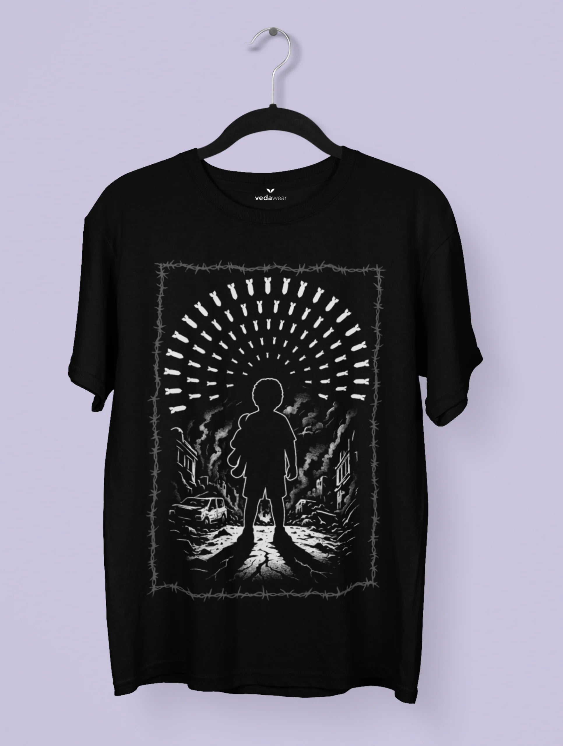 Innocence Under Fire – Dark Edition Tee by Vedawear, black Supima cotton with vivid white anti-war silhouette print of child in war-torn street, DTG printed