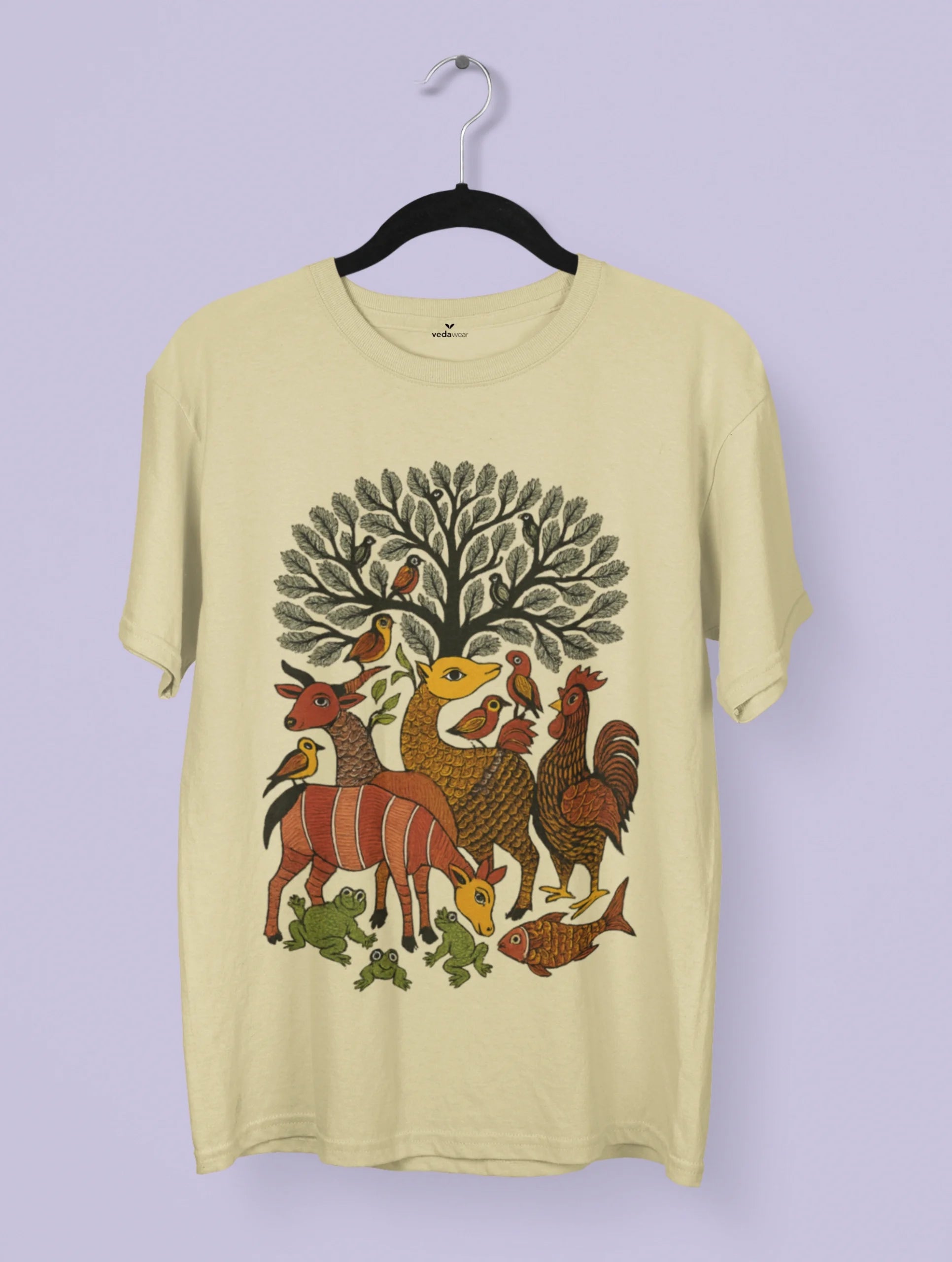Gond art–inspired design of jungle animals under a tree on a white premium Vedawear T-shirt
