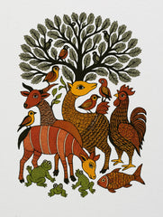 Gond art–inspired design of jungle animals under a tree on a white premium Vedawear T-shirt